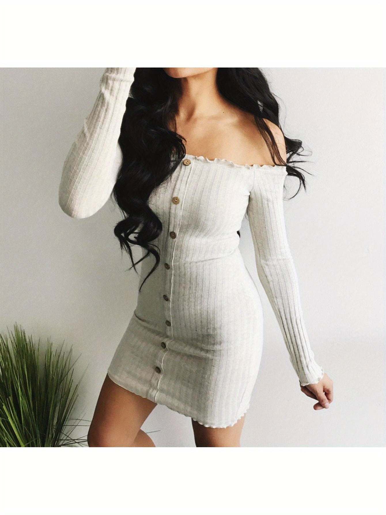 Sarah's Sexy Dress – Long Sleeve Off-Shoulder Ruffle Buttons Dress