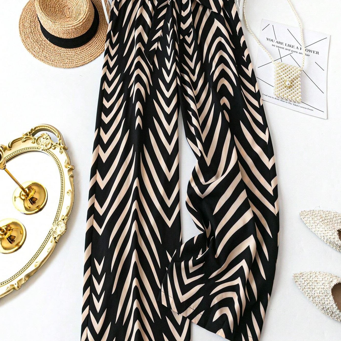 Plus Size Tropical Print Wide-Leg Pants with Belt