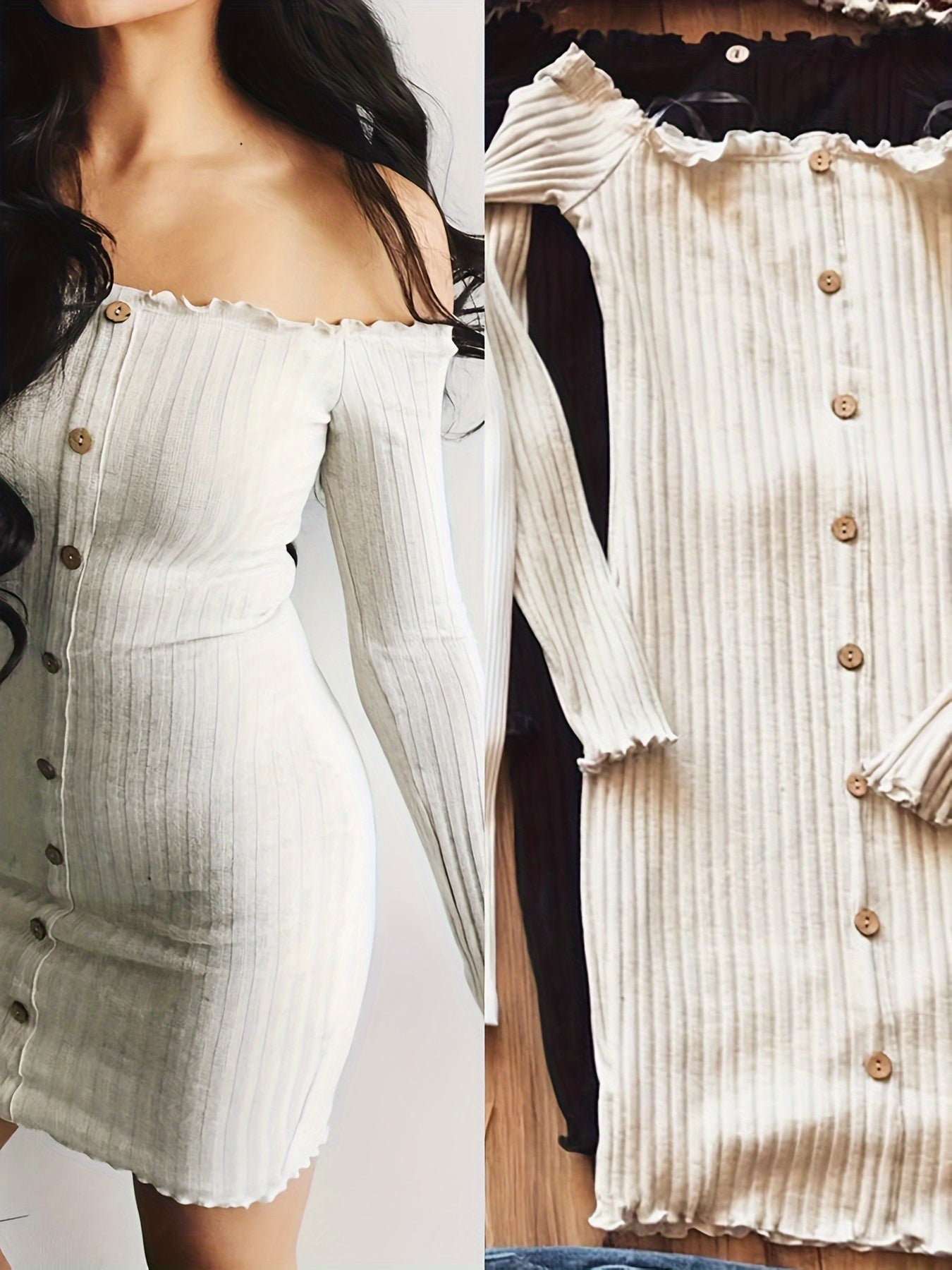 Sarah's Sexy Dress – Long Sleeve Off-Shoulder Ruffle Buttons Dress
