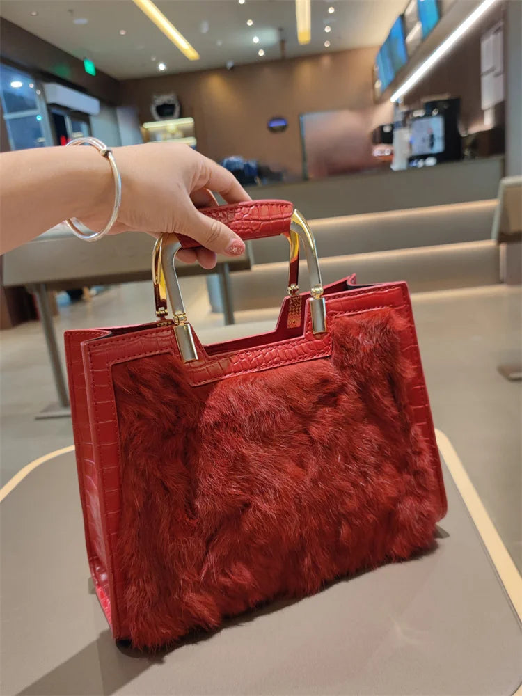 Genuine Leather Women’s Handbag – Luxury Rabbit Hair Shoulder Messenger Tote