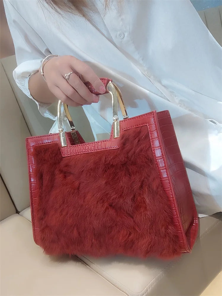 Genuine Leather Women’s Handbag – Luxury Rabbit Hair Shoulder Messenger Tote