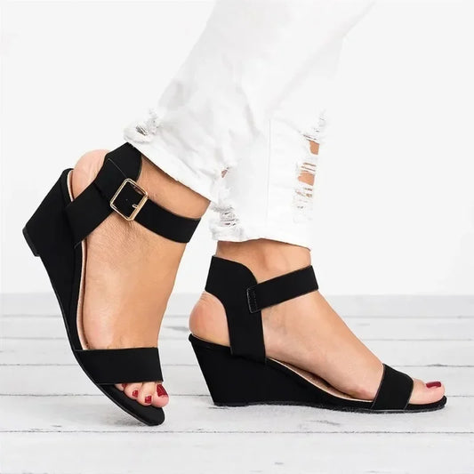 Roman Buckle Sandals - Summer Mid Heel Flock Design
