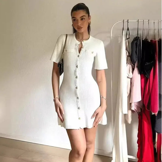 Elegant White Knitted Mini Dress