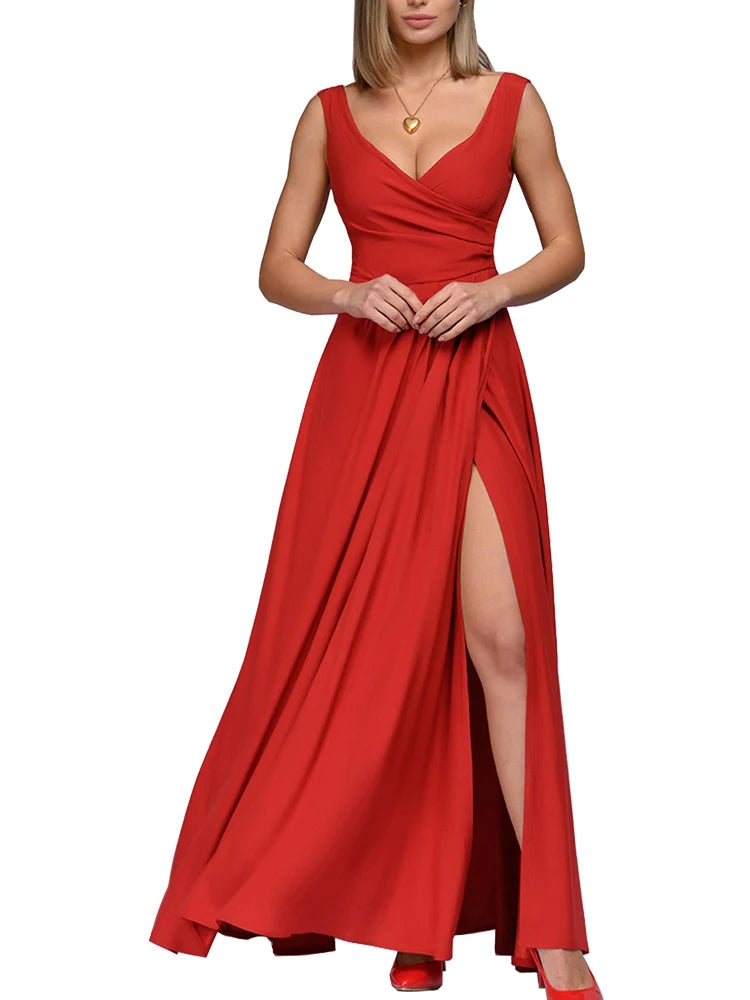 Sexy Deep V Neck Sleeveless Slit Maxi Dress