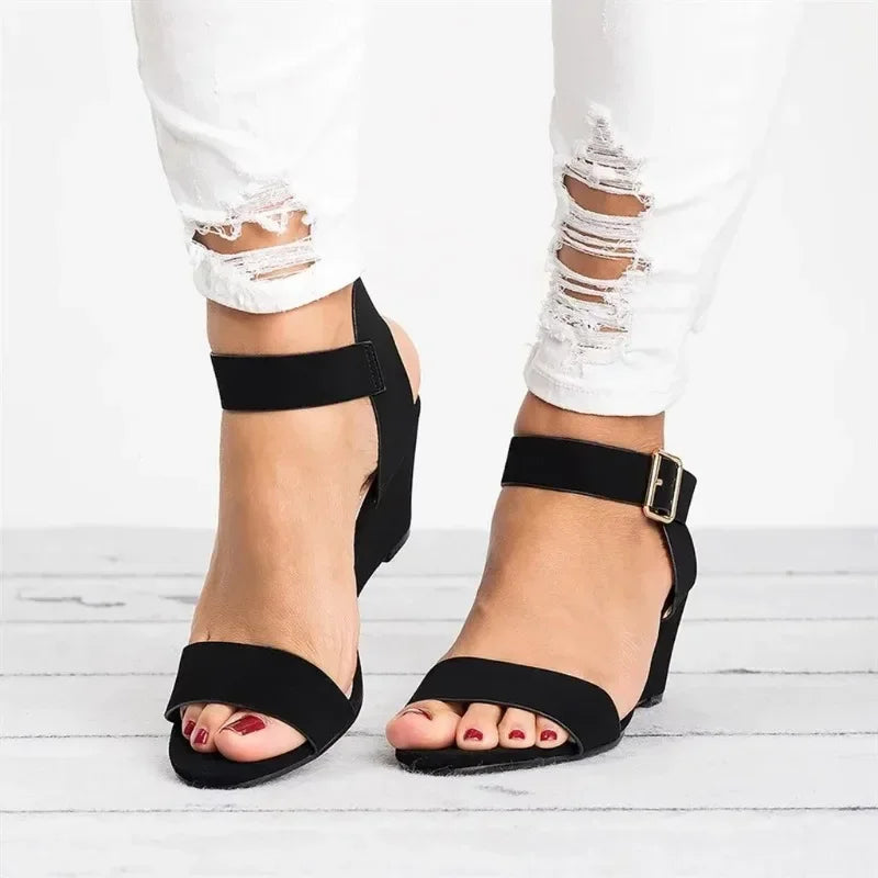 Roman Buckle Sandals - Summer Mid Heel Flock Design