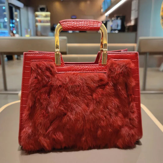 Genuine Leather Women’s Handbag – Luxury Rabbit Hair Shoulder Messenger Tote