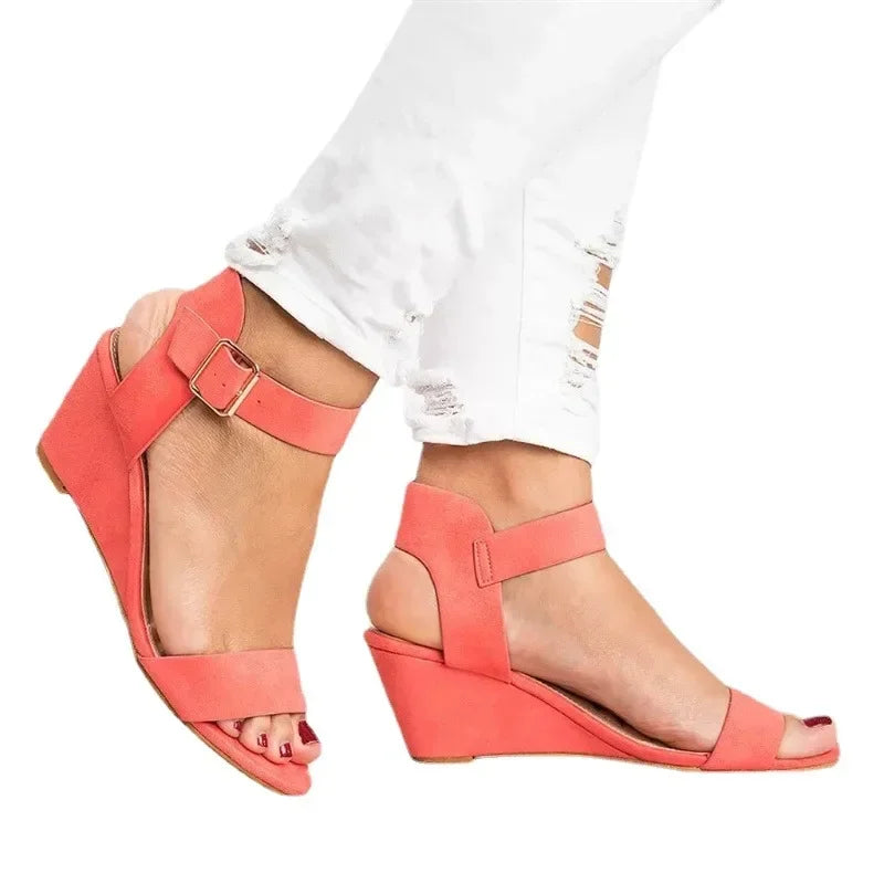 Roman Buckle Sandals - Summer Mid Heel Flock Design