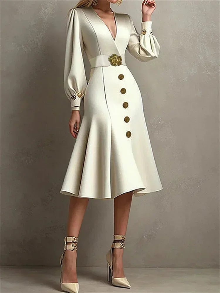 New Autumn Belted V-Neck Pleated A-Line Evening Dress