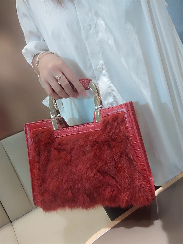 Genuine Leather Women’s Handbag – Luxury Rabbit Hair Shoulder Messenger Tote