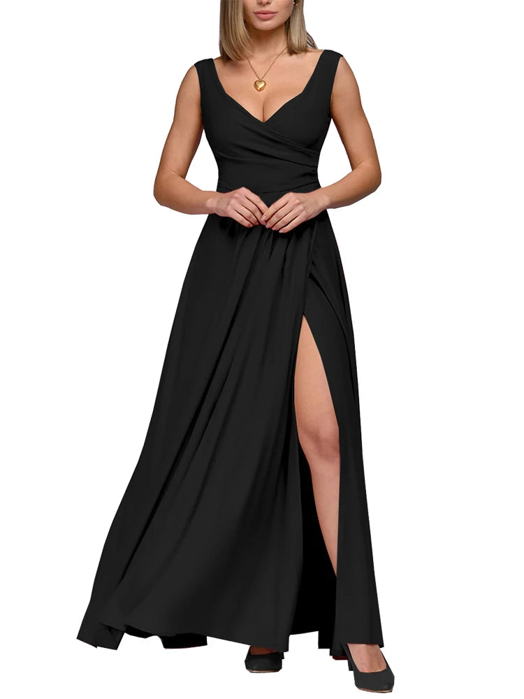 Sexy Deep V Neck Sleeveless Slit Maxi Dress