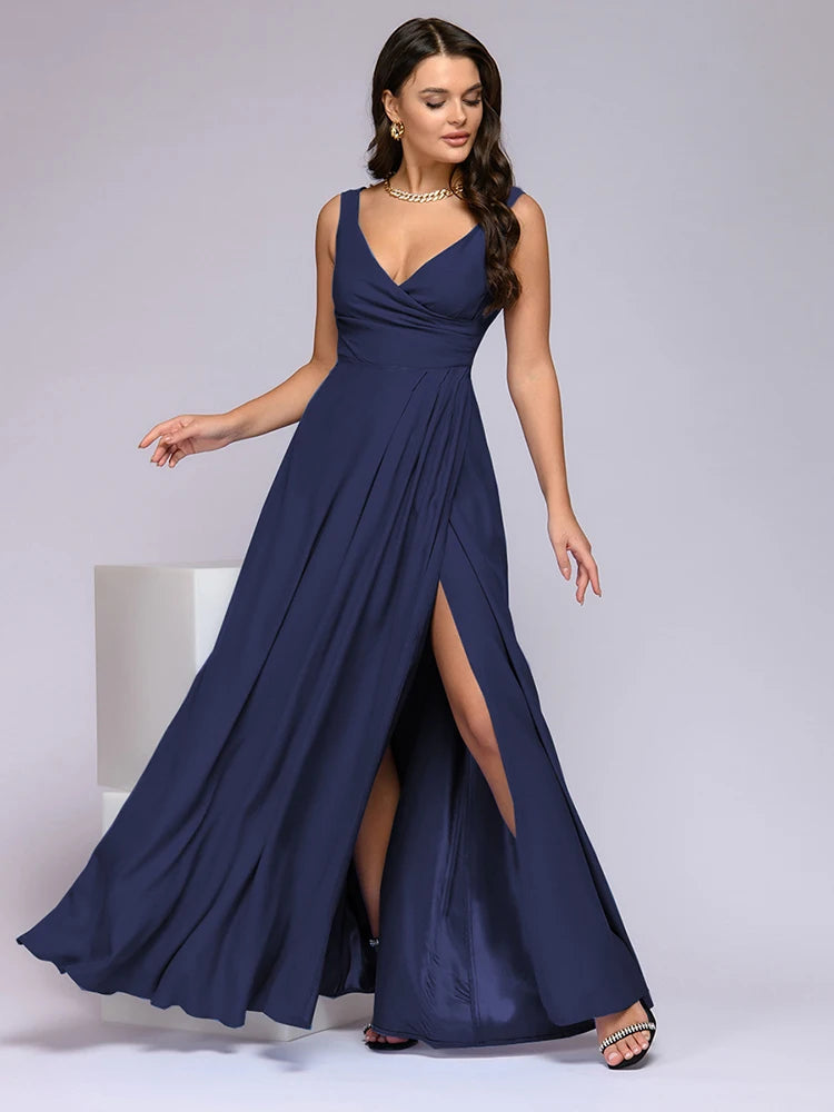 Sexy Deep V Neck Sleeveless Slit Maxi Dress