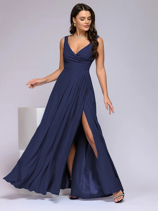 Sexy Deep V Neck Sleeveless Slit Maxi Dress