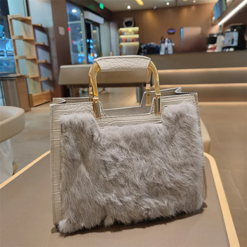 Genuine Leather Women’s Handbag – Luxury Rabbit Hair Shoulder Messenger Tote