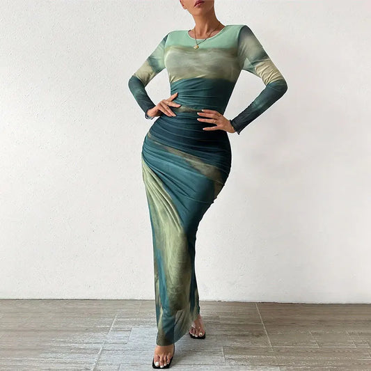 Chic Tie-Dye Pleated Slim Fit Dress