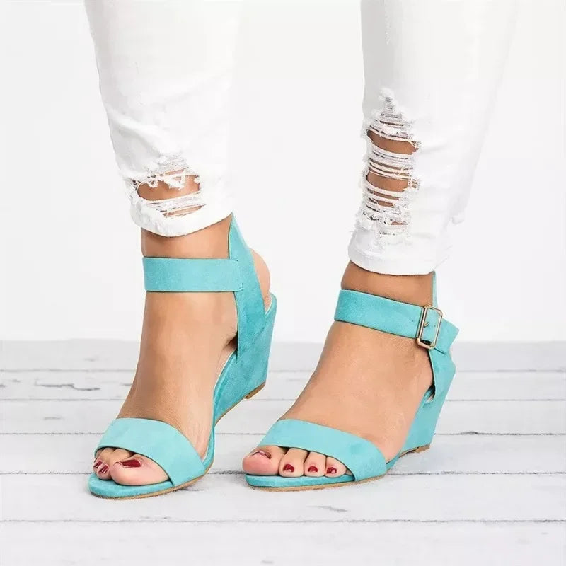 Roman Buckle Sandals - Summer Mid Heel Flock Design