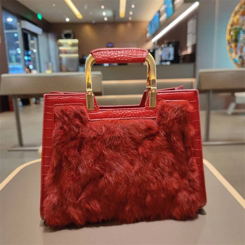 Genuine Leather Women’s Handbag – Luxury Rabbit Hair Shoulder Messenger Tote