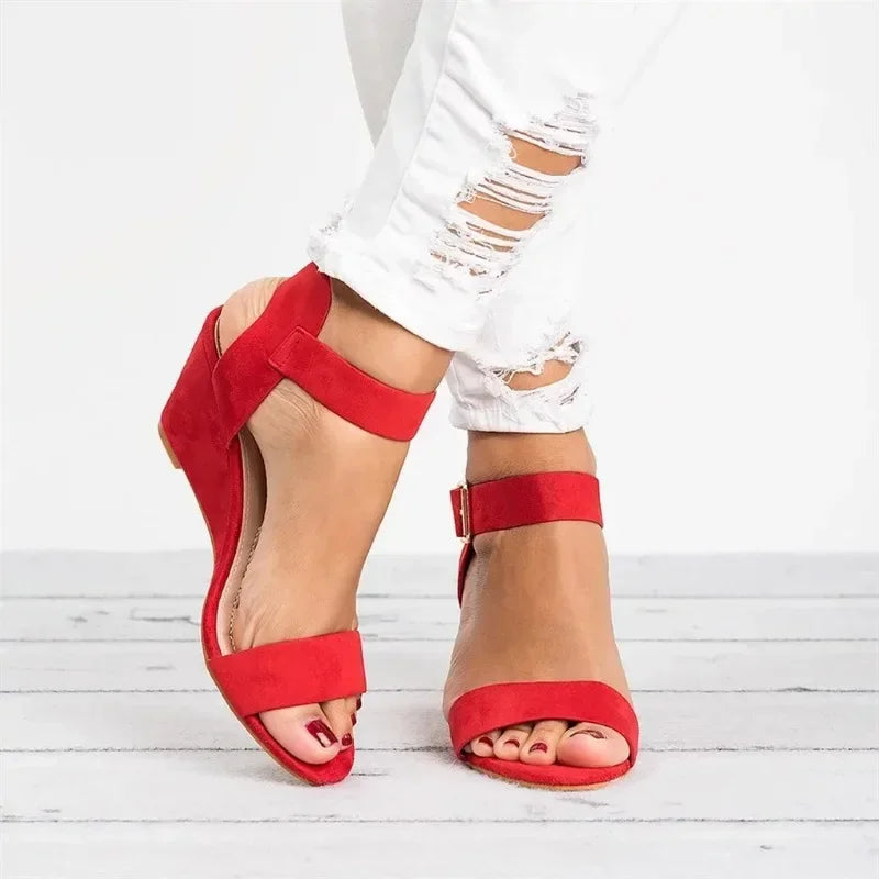 Roman Buckle Sandals - Summer Mid Heel Flock Design