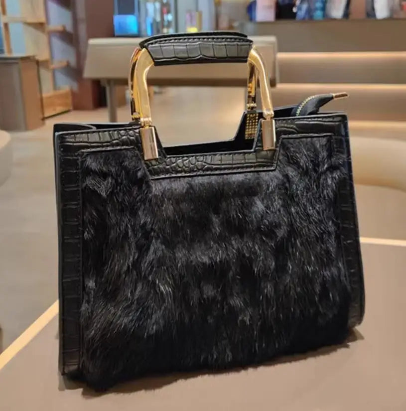 Genuine Leather Women’s Handbag – Luxury Rabbit Hair Shoulder Messenger Tote