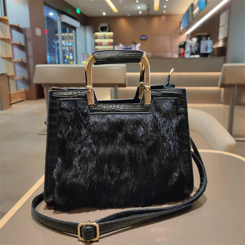 Genuine Leather Women’s Handbag – Luxury Rabbit Hair Shoulder Messenger Tote