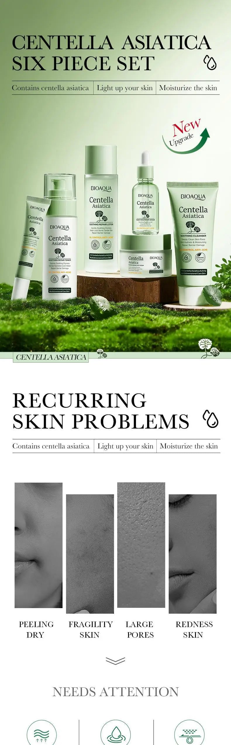 6-Pc Centella Skin Care Set – Moisturizing & Firming Cream, Serum & Toner