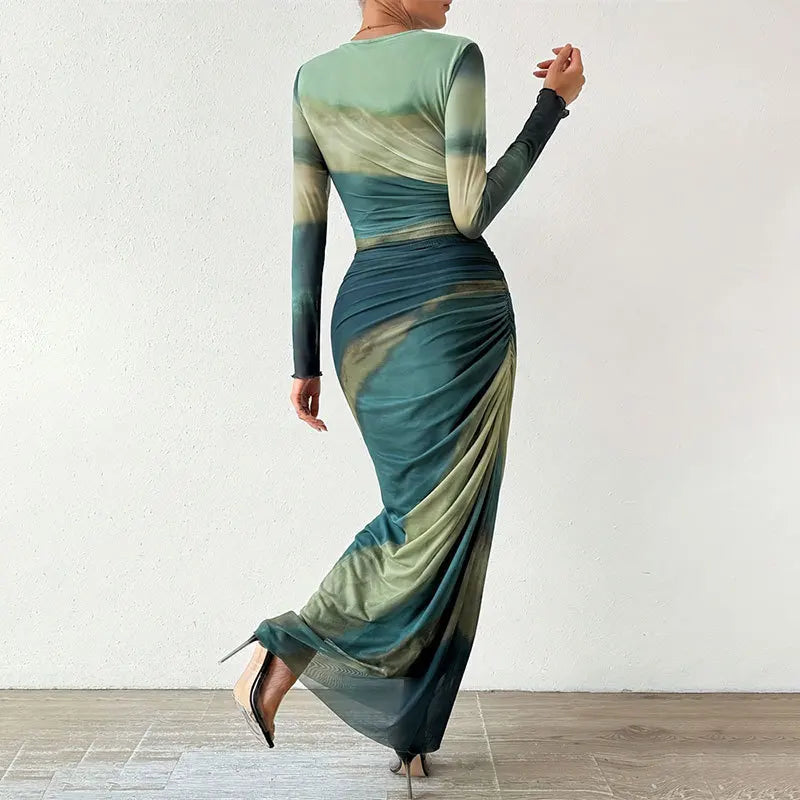 Chic Tie-Dye Pleated Slim Fit Dress