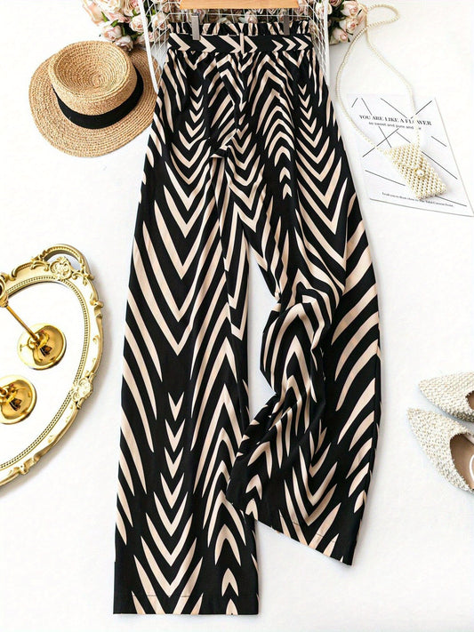 Plus Size Tropical Print Wide-Leg Pants with Belt