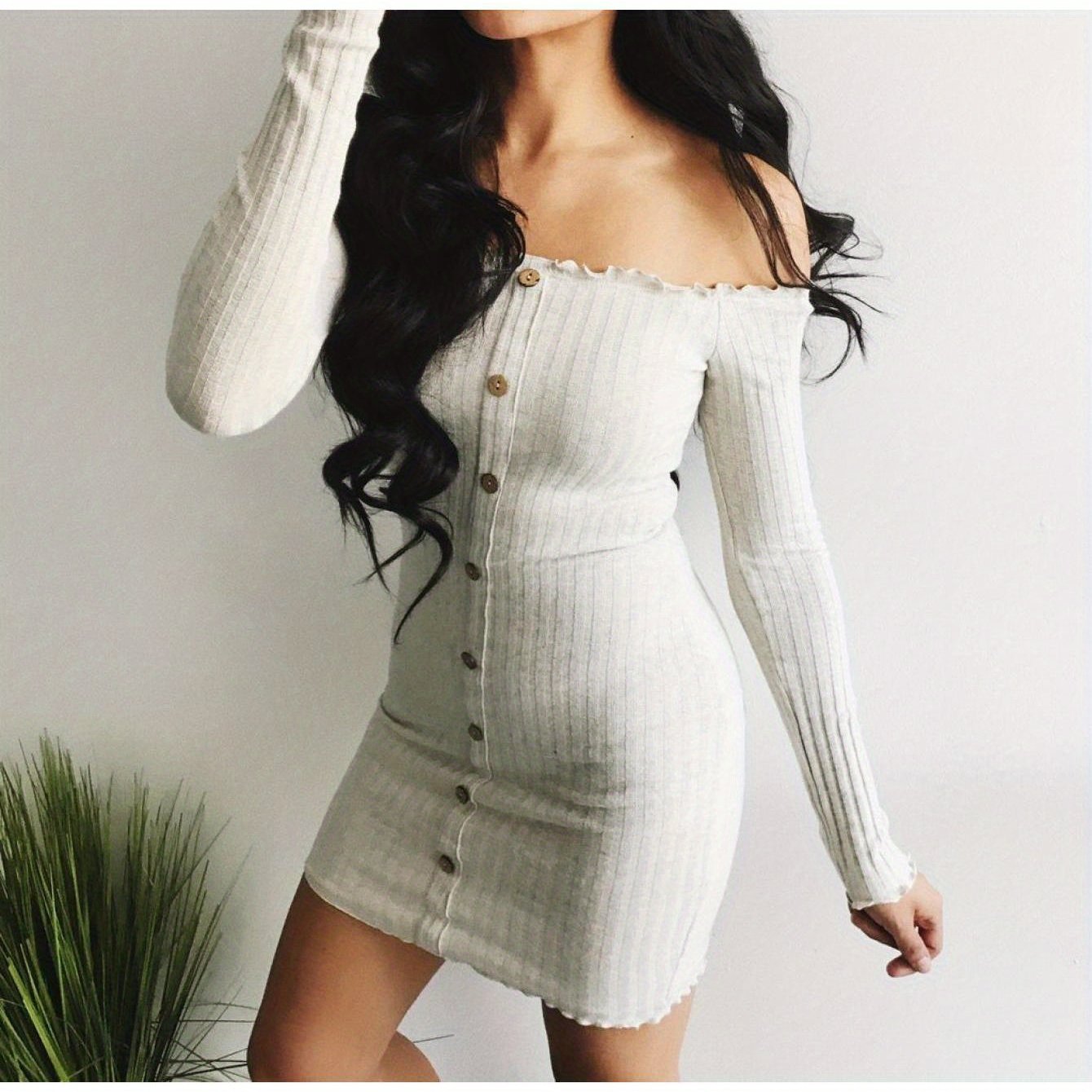 Sarah's Sexy Dress – Long Sleeve Off-Shoulder Ruffle Buttons Dress