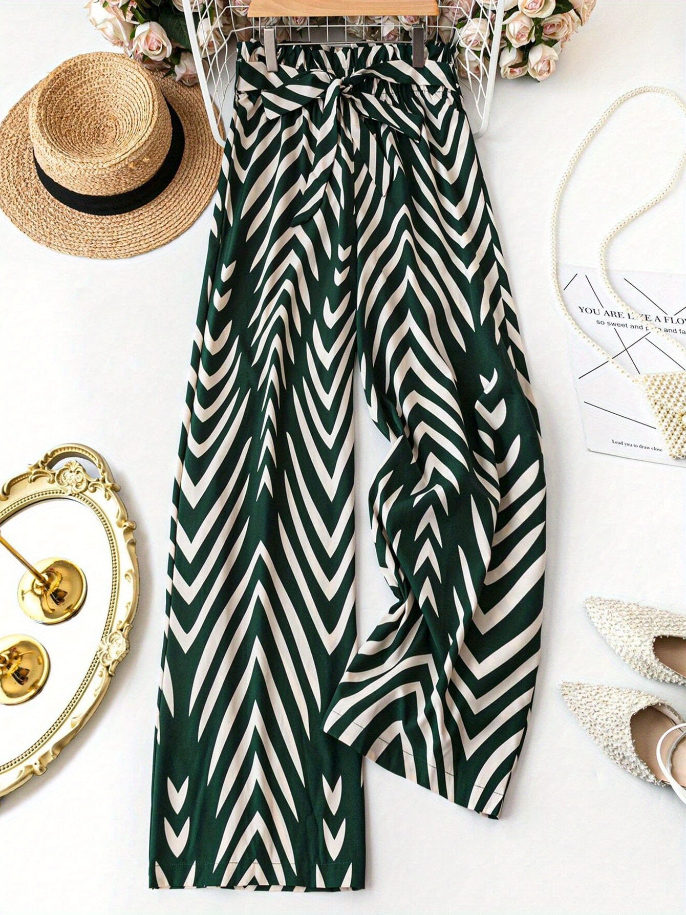 Plus Size Tropical Print Wide-Leg Pants with Belt
