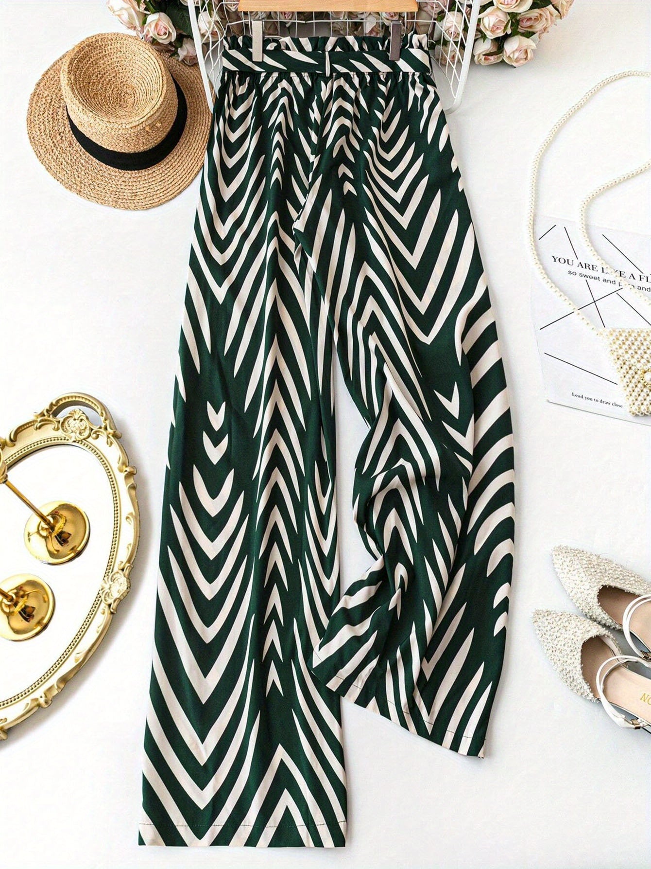 Plus Size Tropical Print Wide-Leg Pants with Belt